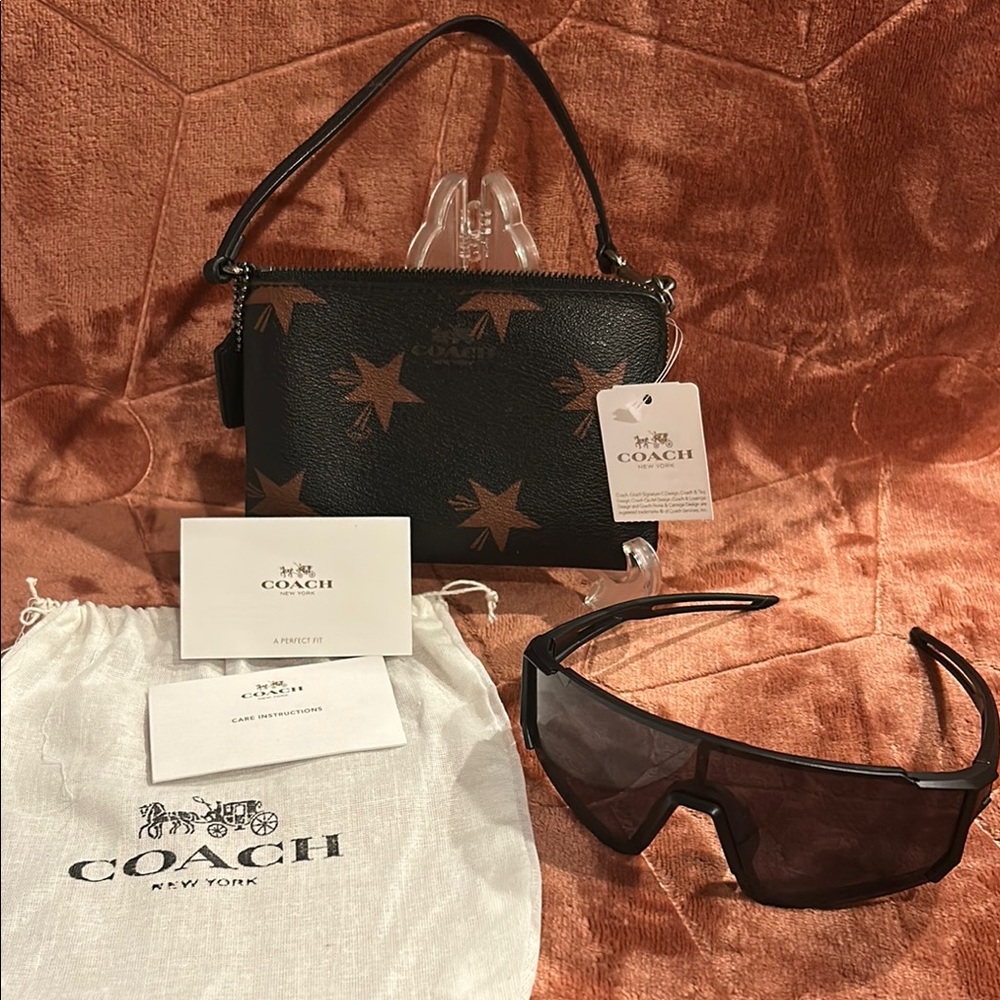 Coach Black and Brown Star Wristlet with Coach DustBag & Fashion Sunglasses